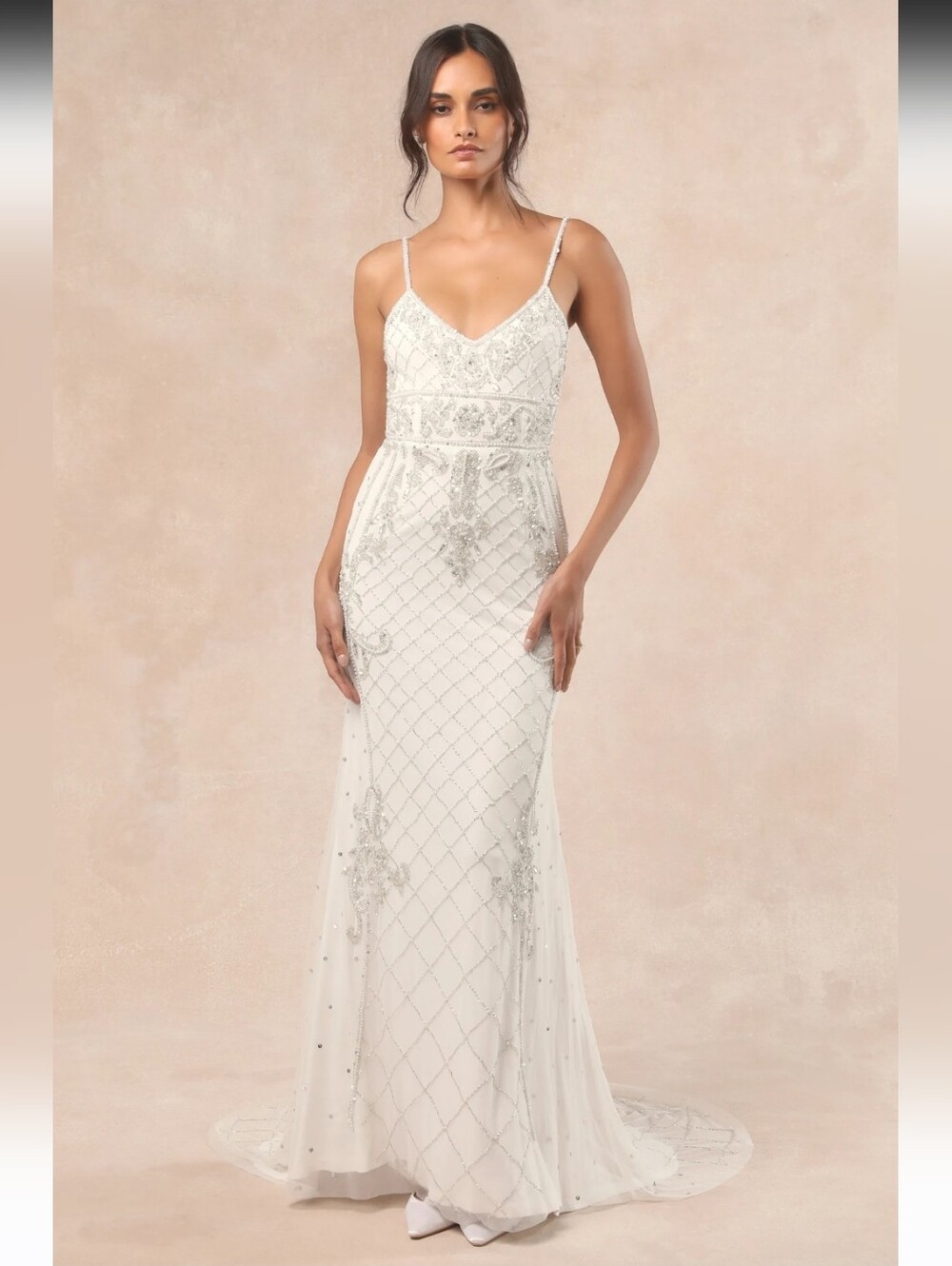 Lulus Bridal Weddind Dress White Maxi Gown with Silver Beading Size L NEW #3G